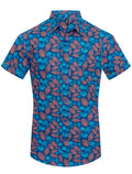 A vibrant blue short-sleeved button-up tiki palm print shirt with dense rust-colored leaf pattern for casual wear