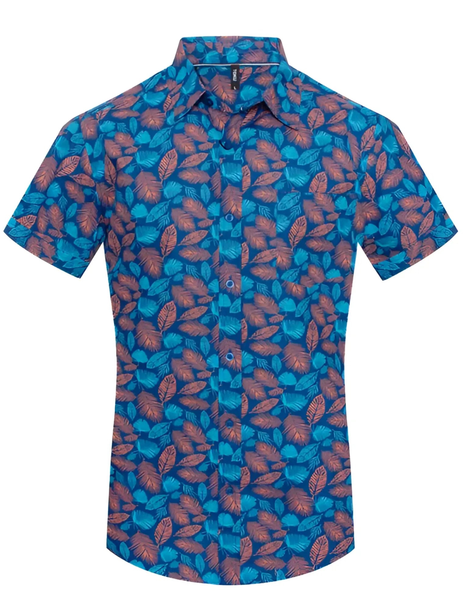 A vibrant blue short-sleeved button-up tiki palm print shirt with dense rust-colored leaf pattern for casual wear