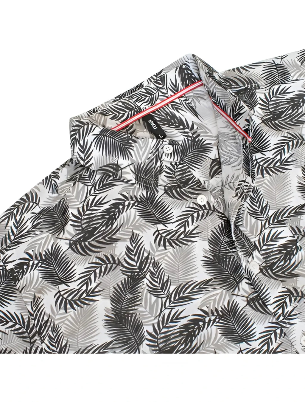 White button-up Toku palm print shirt with black and gray tropical palm leaves and pink inner collar trim