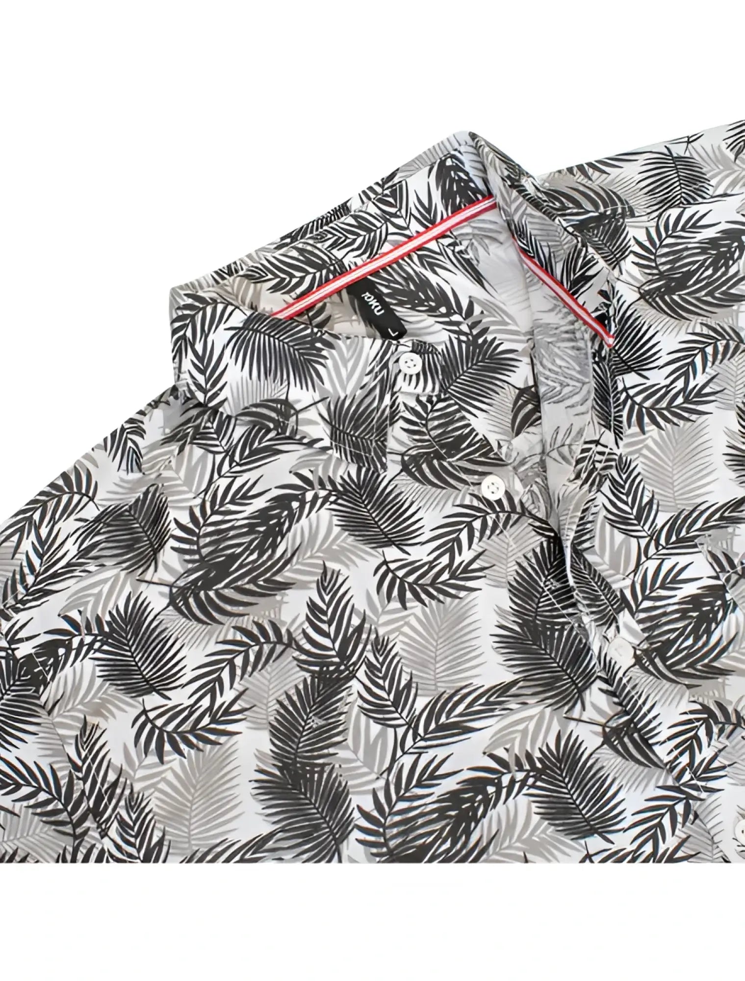 White button-up Toku palm print shirt with black and gray tropical palm leaves and pink inner collar trim