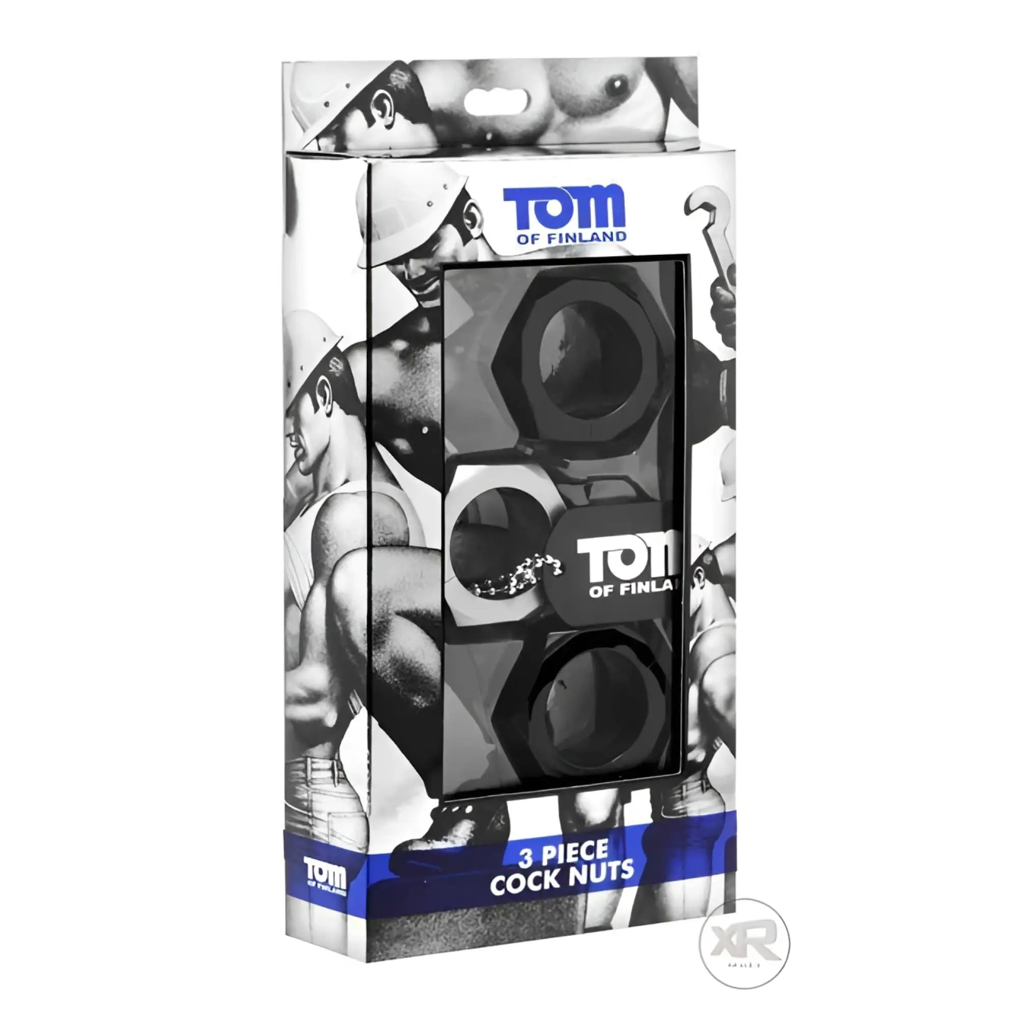 Tom of Finland 3 Piece Cock Nuts set in black and silver, packaged in a box with classic Tom of Finland illustration.