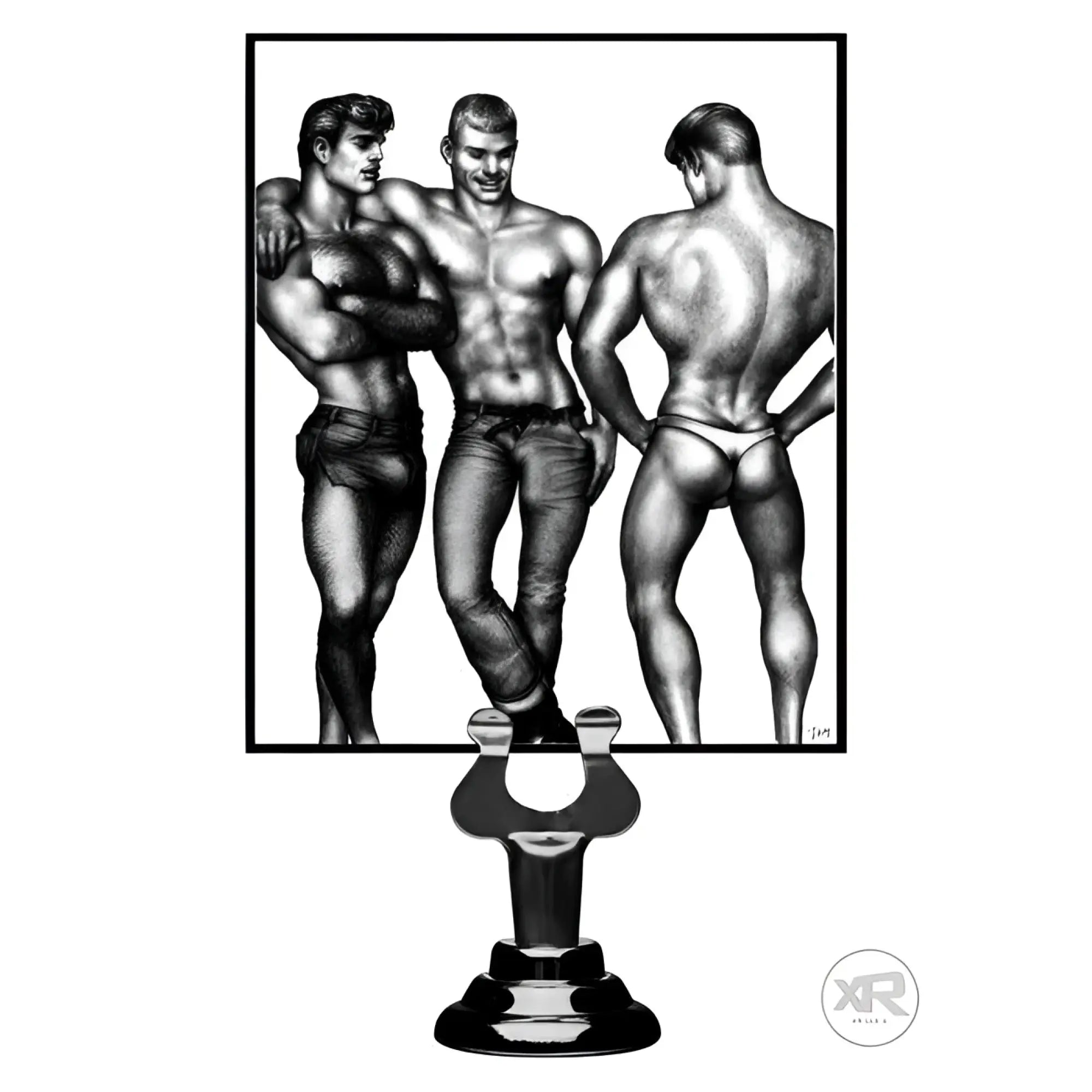 Tom of Finland 3 Piece Silicone Cock Ring Set featuring a black-and-white illustrative graphic of three muscular men.