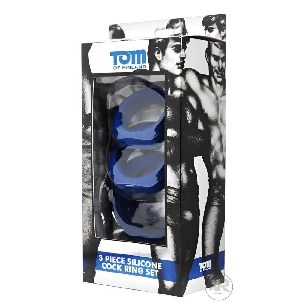 Tom of Finland 3-piece blue silicone cock ring set in branded packaging featuring black-and-white male illustrations.