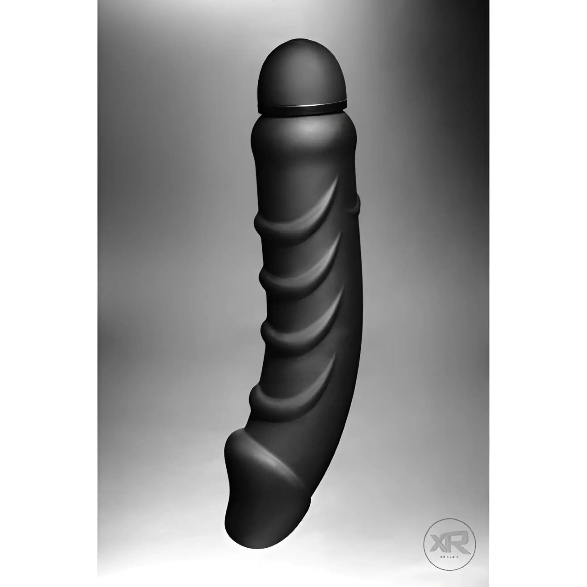 Black matte silicone dildo with ridged texture and curved design tom of finland 5 speed vibrating cock