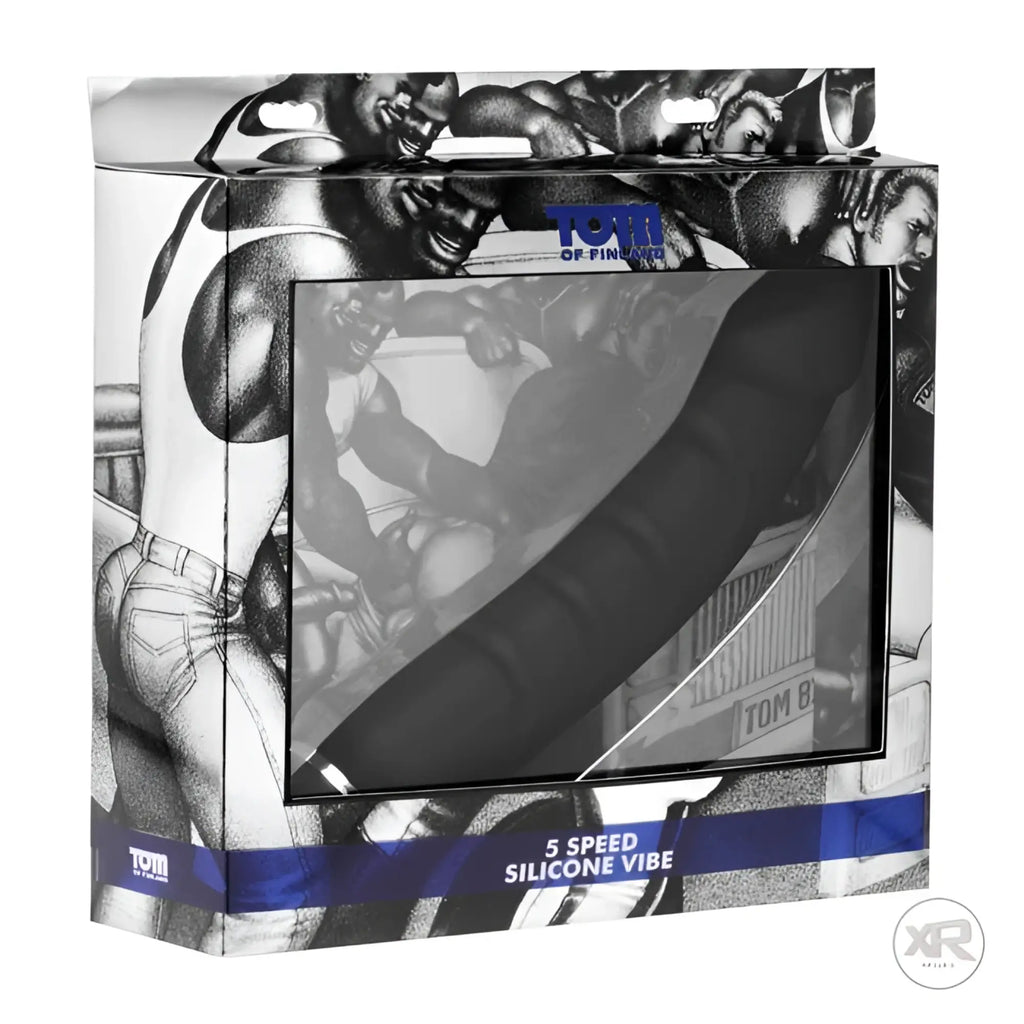 Black silicone 5-speed vibrating cock in branded tom of finland box for intimate use