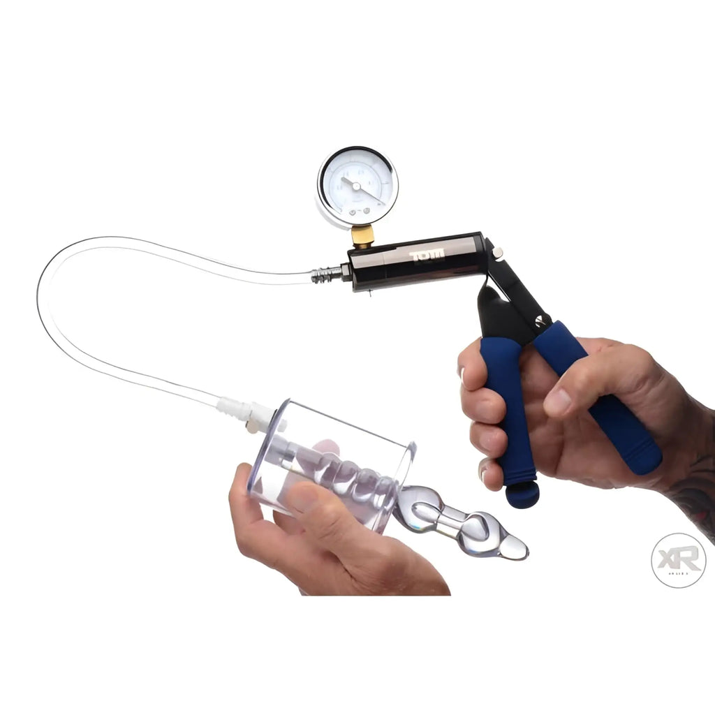 Tom of Finland Anal Pump with clear cylinder, stimulating shaft, pressure gauge, and blue handheld manual pump.