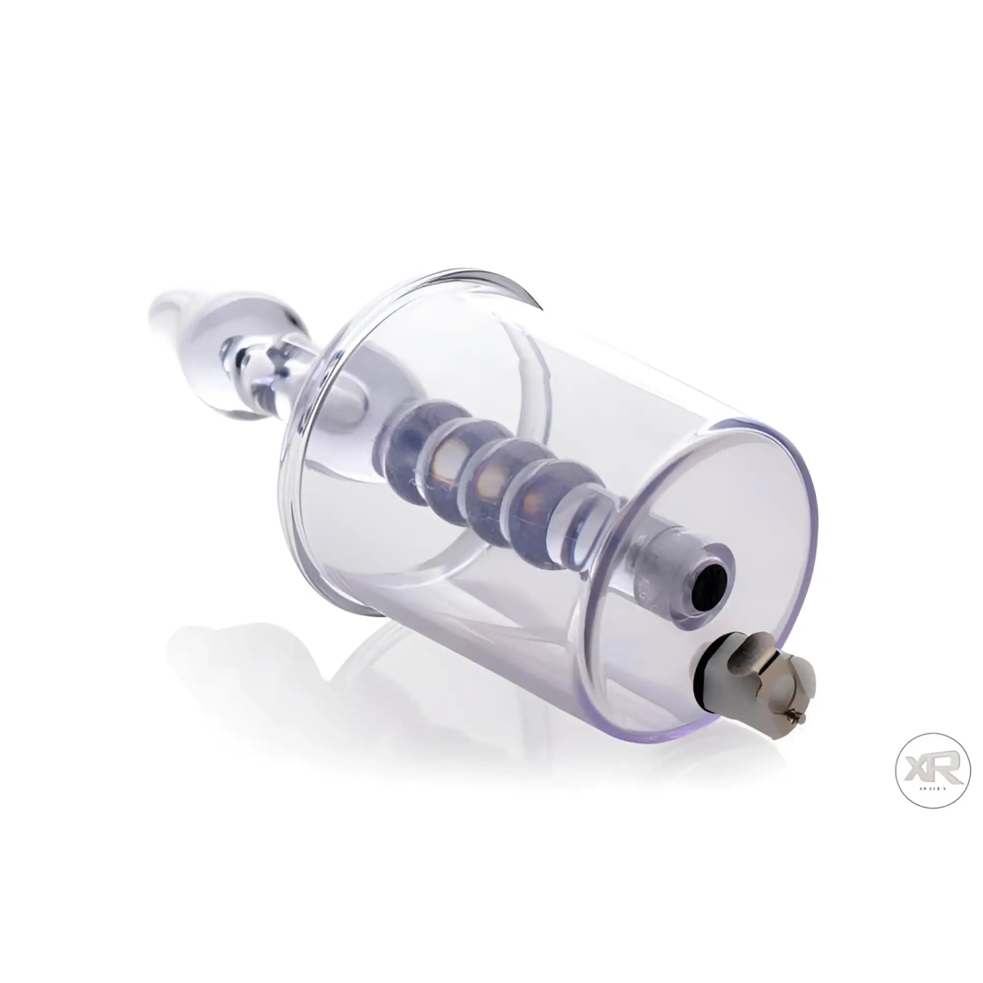 Tom of Finland clear anal pump cylinder with an internal ribbed stimulator shaft on a white background.