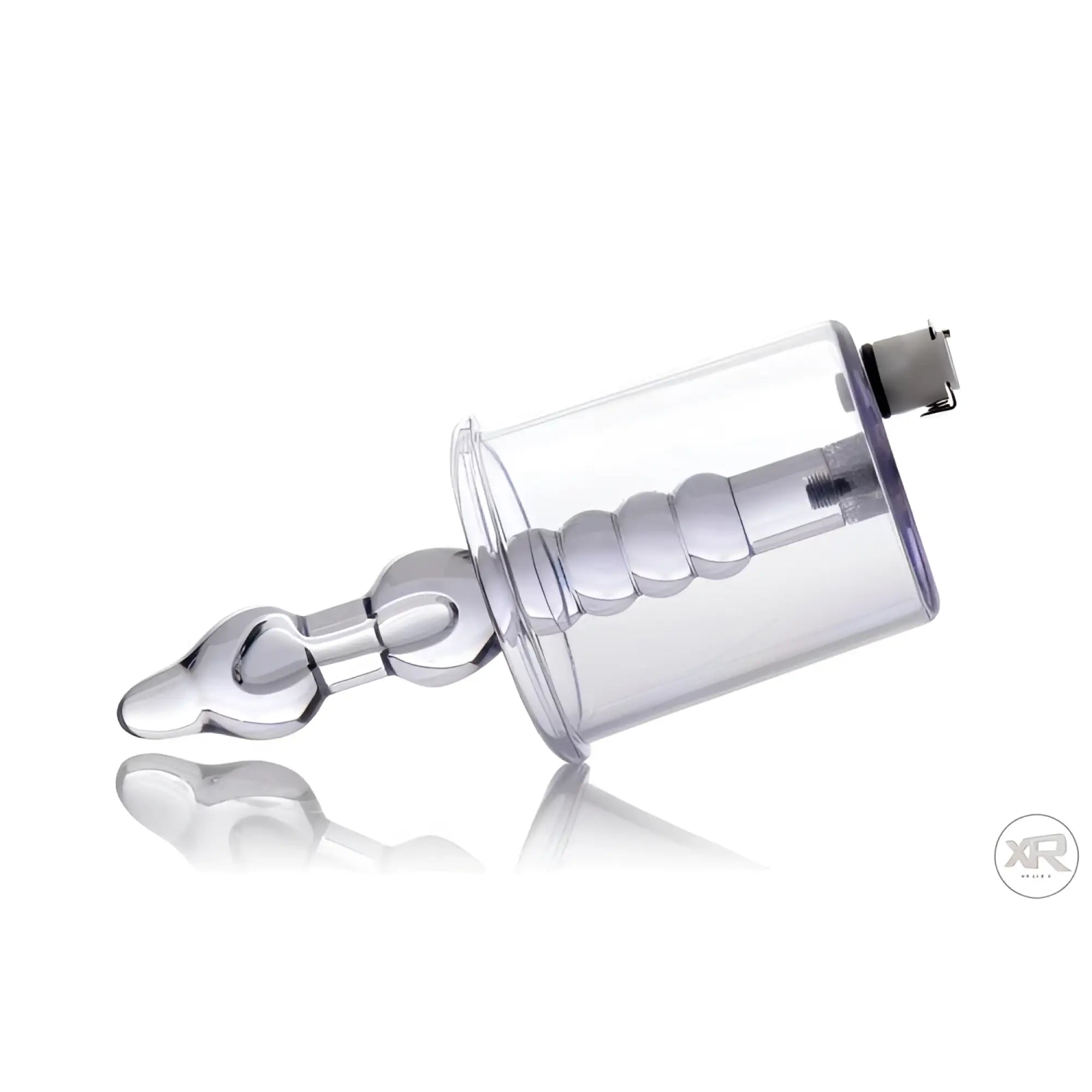 Clear Tom of Finland anal pump cylinder with an attached ribbed stimulator shaft on a white background.