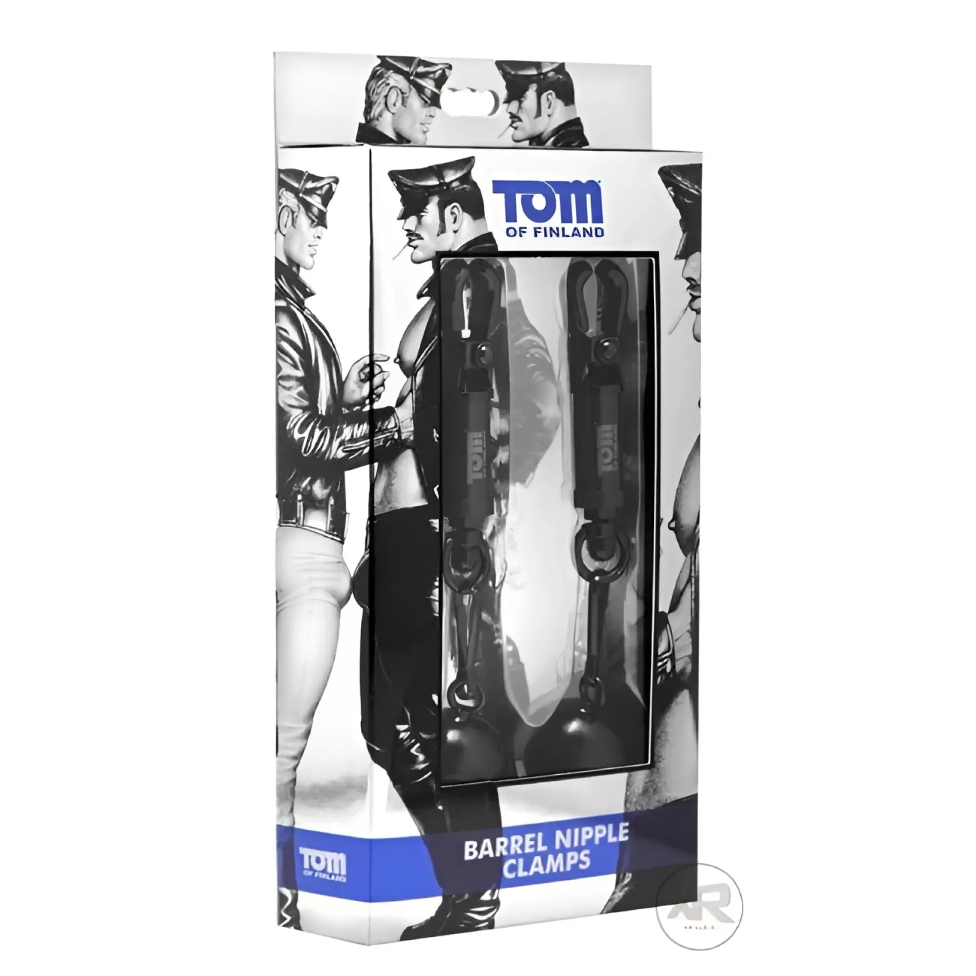 Black metal barrel nipple clamps in tom of finland branded packaging showcasing durable clamp design