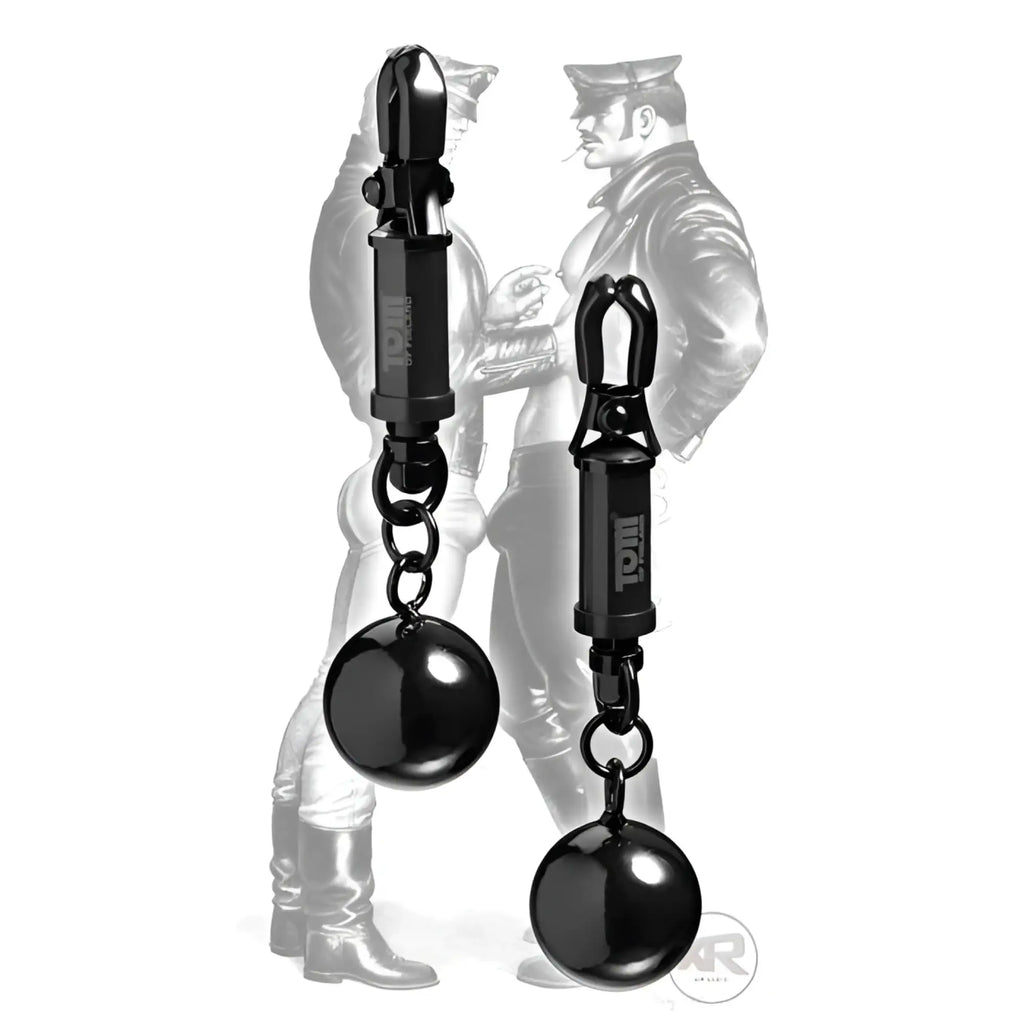 Tom of finland barrel nipple clamps black metallic ball-shaped clamps with polished finish and troll engraving