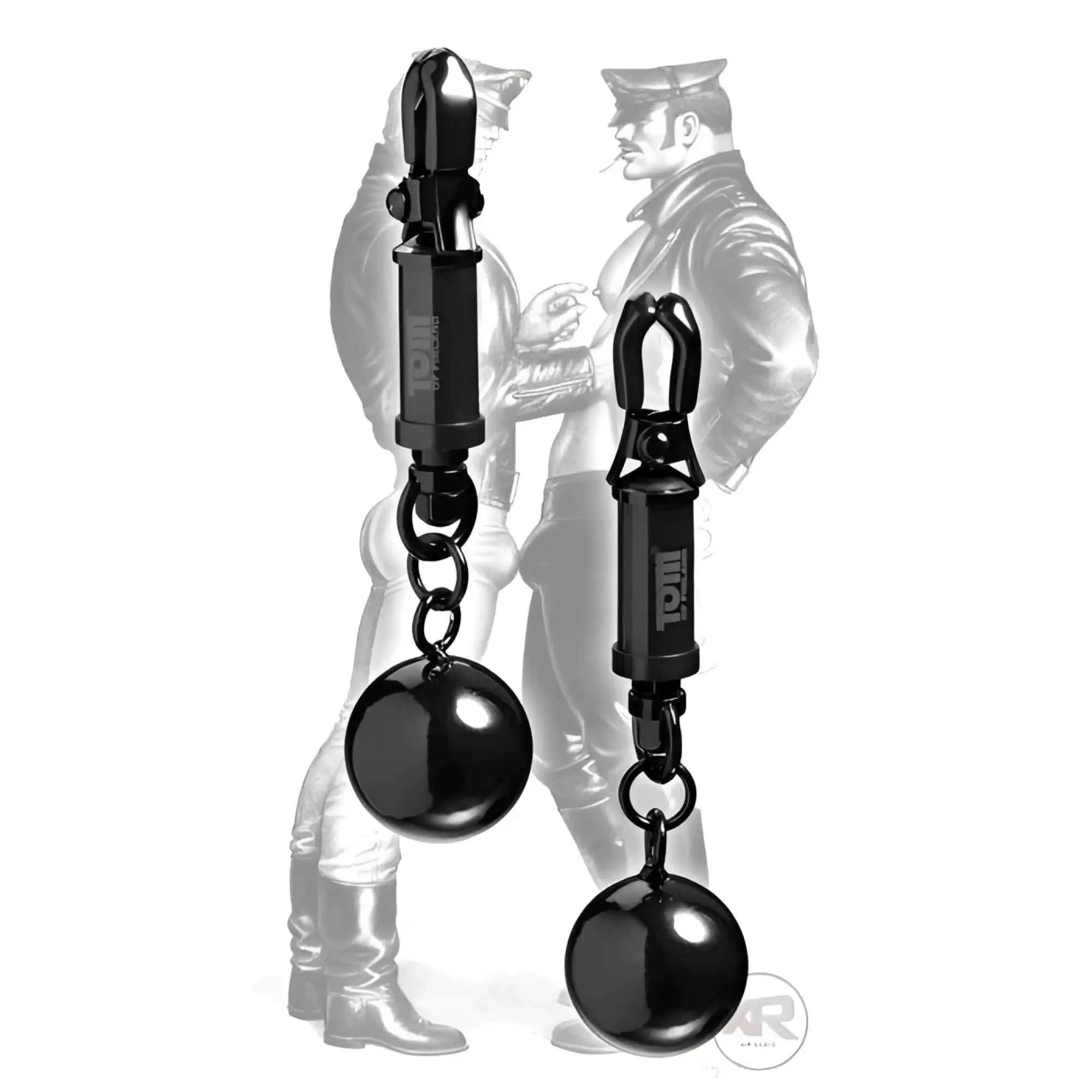 Tom of finland barrel nipple clamps black metallic ball-shaped clamps with polished finish and troll engraving