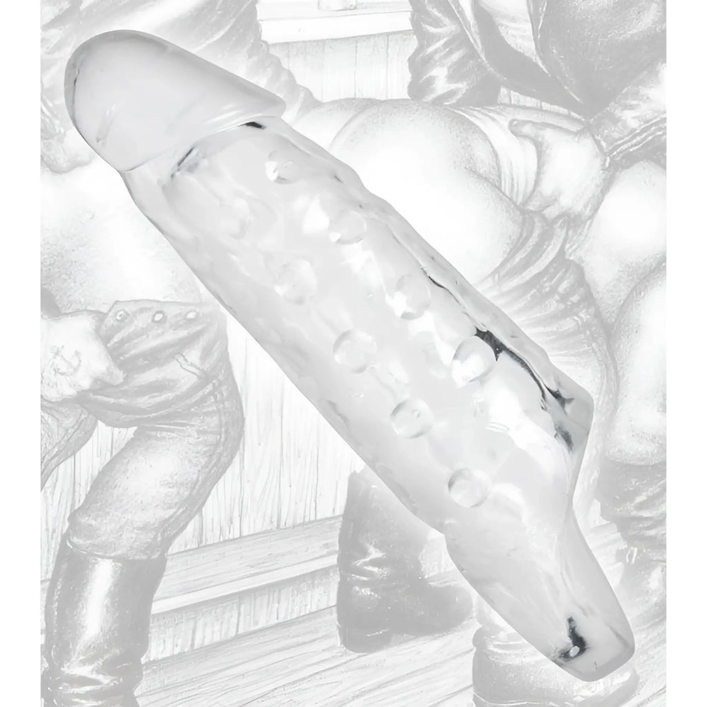 Tom of Finland Clear Realistic Cock Enhancer: a transparent, textured, phallic-shaped silicone sleeve.
