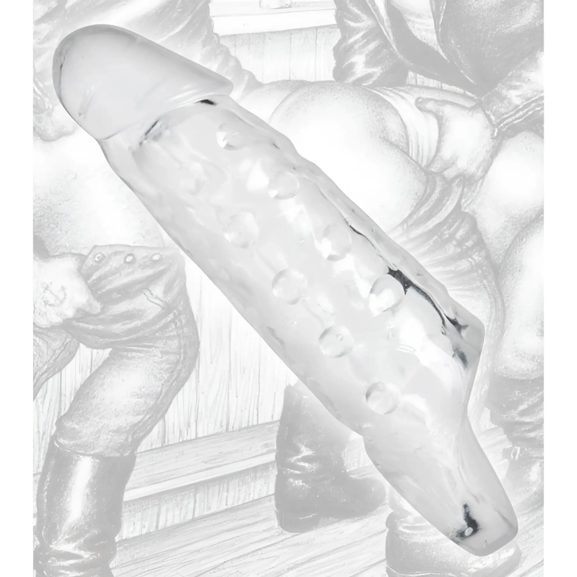 Tom of Finland Clear Realistic Cock Enhancer: a transparent, textured, phallic-shaped silicone sleeve.