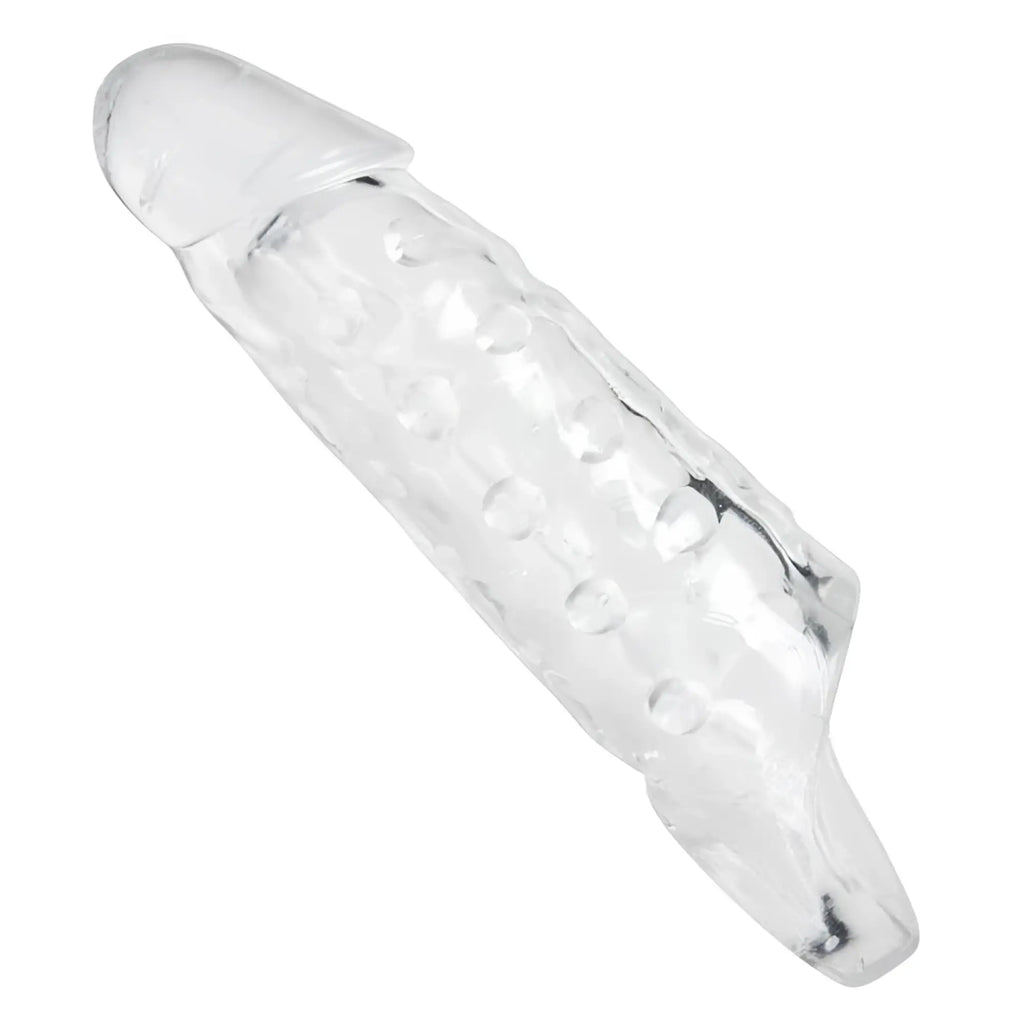 Tom of Finland clear, realistic textured cock enhancer sleeve with a smooth glans and dimpled shaft design.