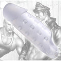 Translucent lavender silicone Tom of Finland clear smooth cock enhancer with rounded head and circular indentations