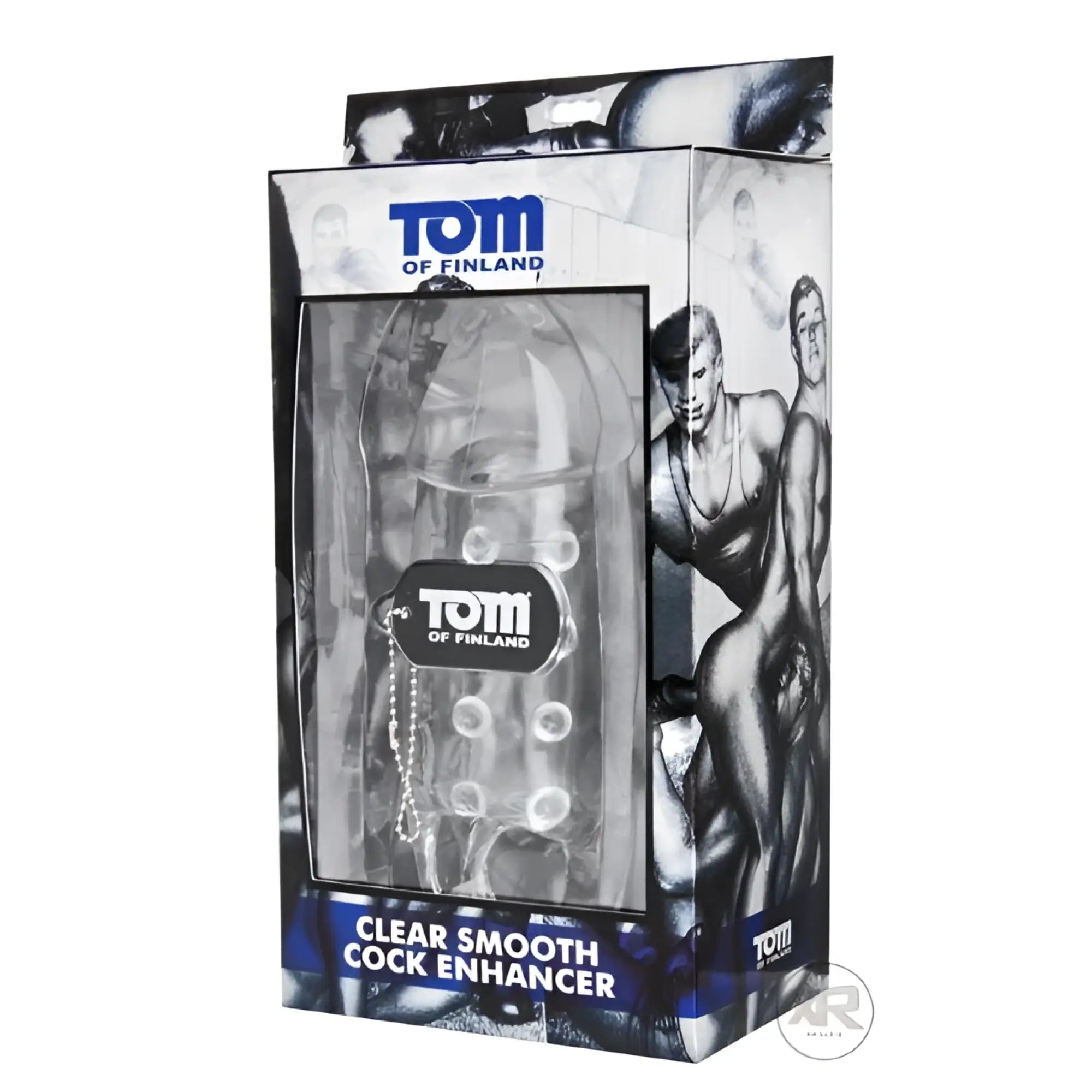 Tom of Finland clear smooth cock enhancer in a transparent plastic package with black and white illustrated packaging