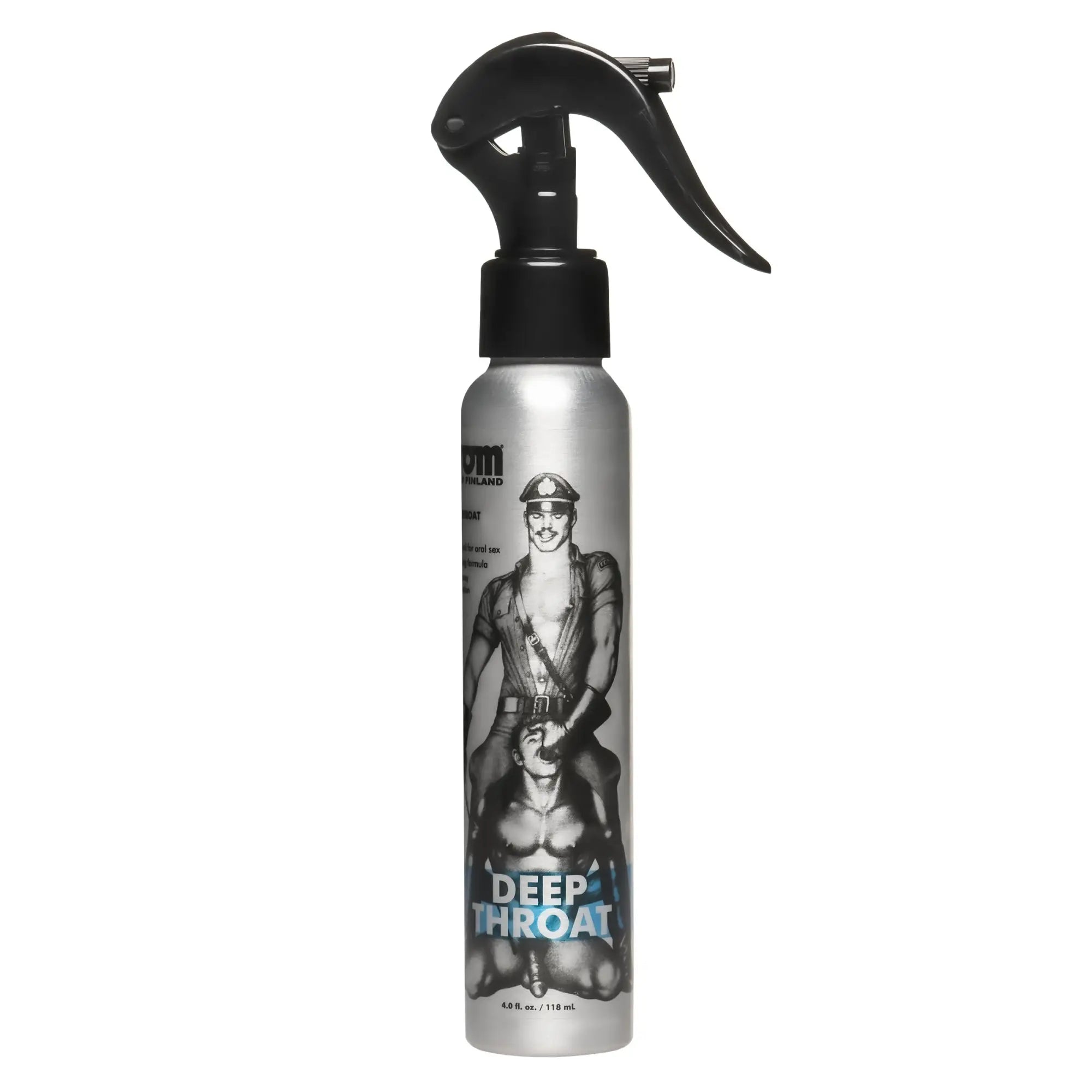 Tom of Finland Deep Throat Spray in a silver canister with a black trigger sprayer, featuring erotic black-and-white art.