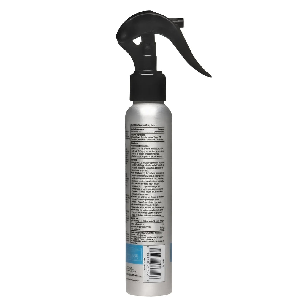 Tom of Finland Deep Throat Spray in a silver bottle with a black trigger sprayer, showing the product label details.