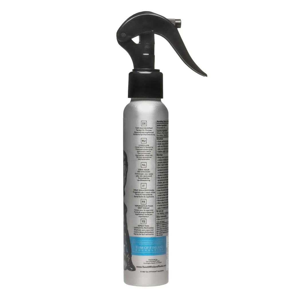 Tom of Finland Deep Throat Spray in a silver bottle with a black trigger sprayer, set against a white background.