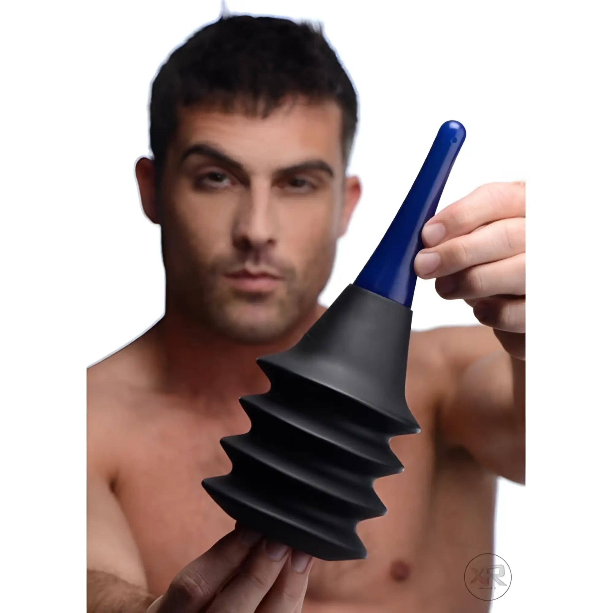 Black and blue silicone ribbed Tom of Finland enema delivery system for comfortable and hygienic use