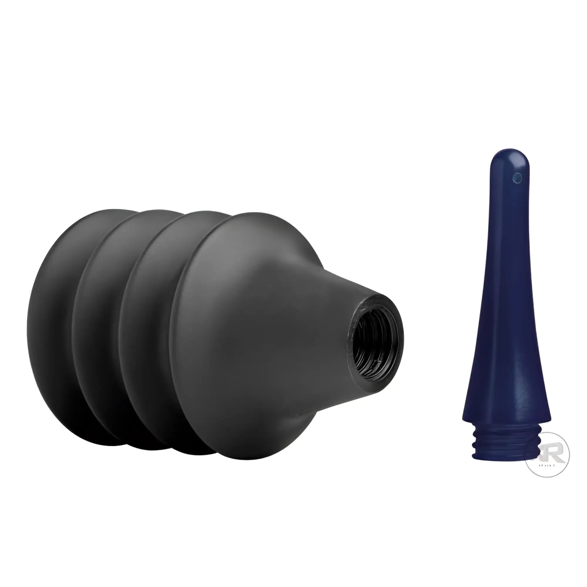 Black rubber plunger with navy blue plastic tip for tom of finland enema delivery system product