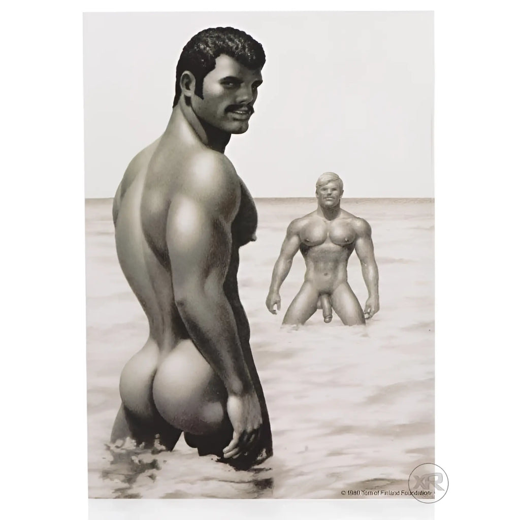Black-and-white illustrated print on Tom of Finland enema delivery system featuring two muscular male figures at the beach