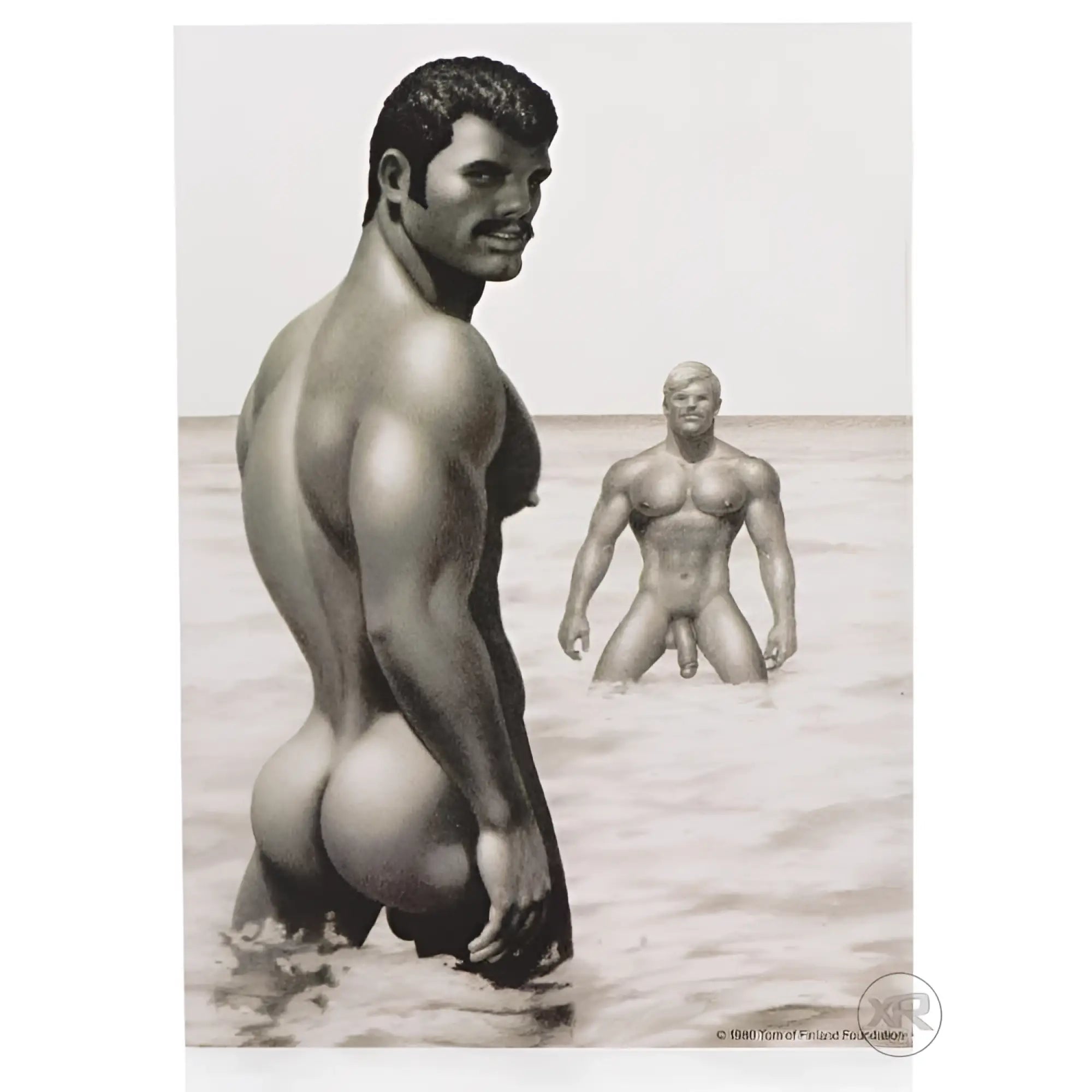 Black-and-white illustrated print on Tom of Finland enema delivery system featuring two muscular male figures at the beach