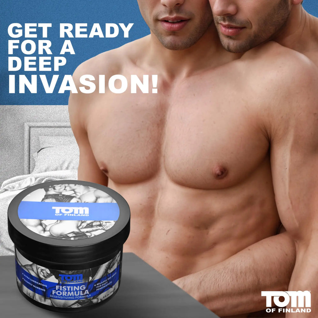 Tom of Finland Fisting Formula jar, black with blue accents, featuring homoerotic artwork, against a muscular male duo.