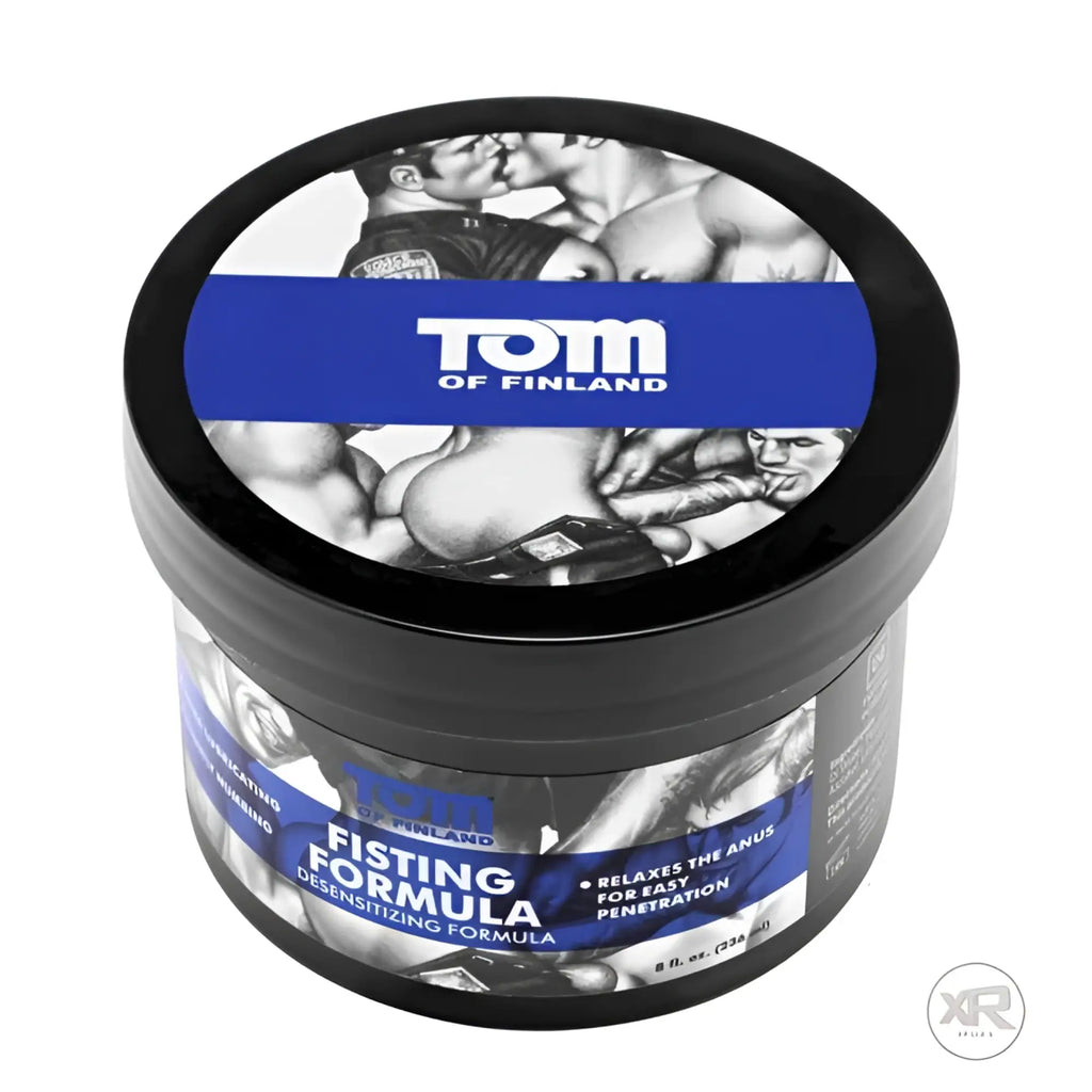 Tom of Finland Fisting Formula in a black jar, featuring iconic Tom of Finland homoerotic art with blue branding labels.