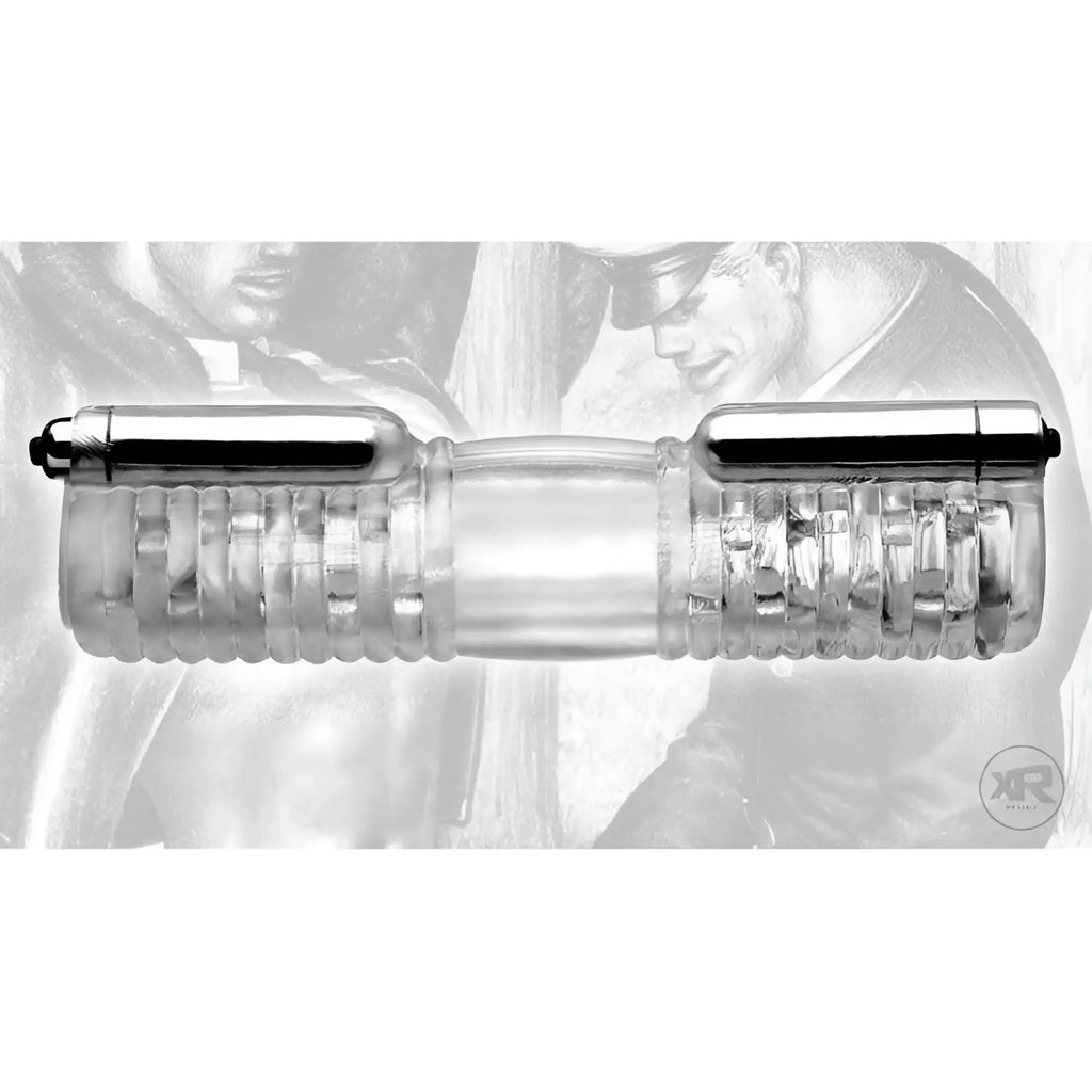 Tom of Finland Head to Head clear, ribbed vibrating sleeve with two silver metallic bullet vibrators attached.