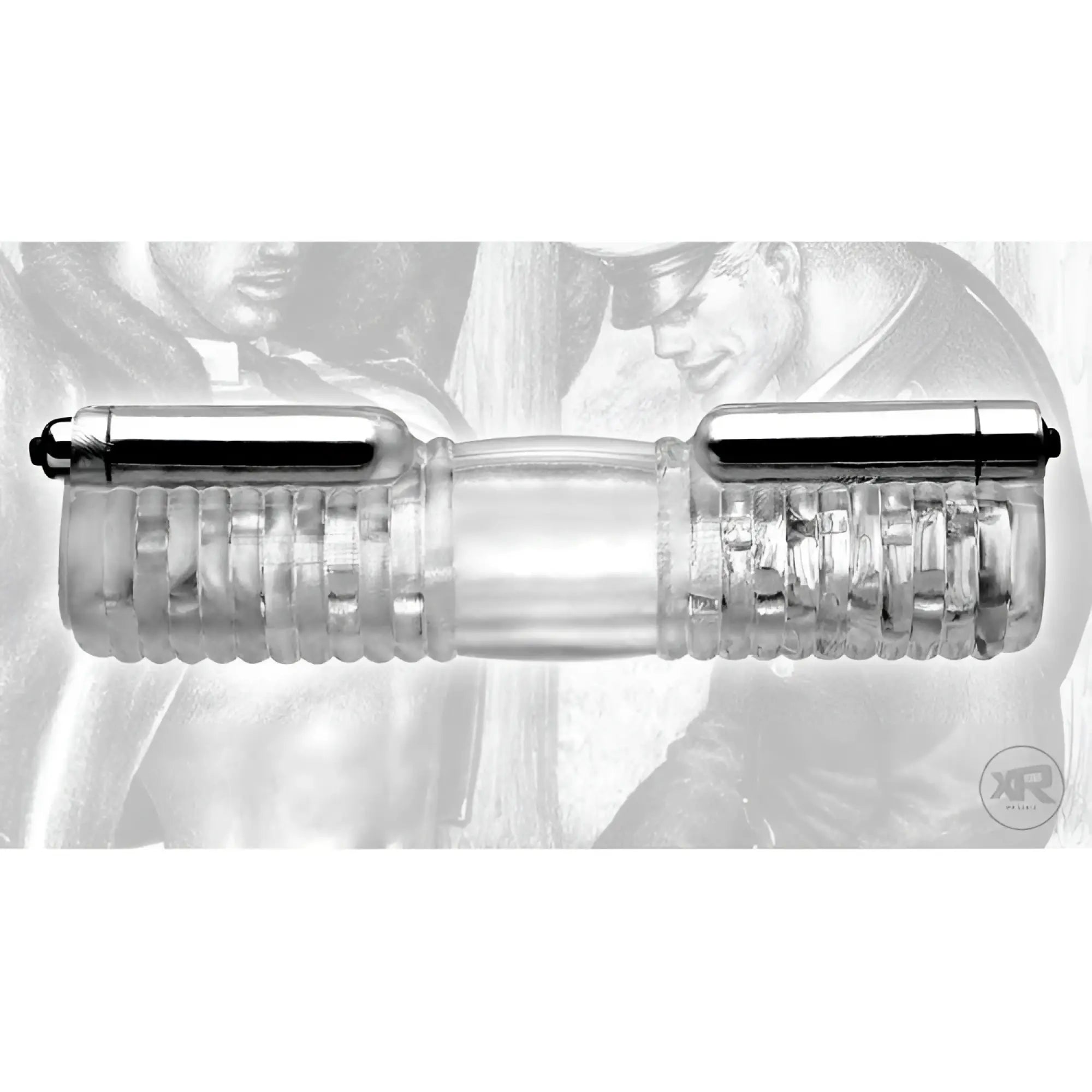 Tom of Finland Head to Head clear, ribbed vibrating sleeve with two silver metallic bullet vibrators attached.