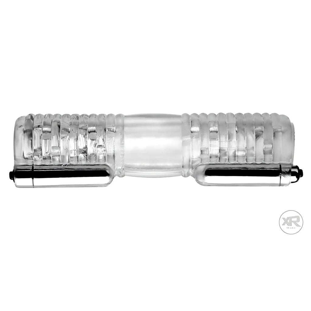 Clear Tom of Finland Head to Head vibrating sleeve with a textured, ribbed design and dual metallic vibration motors.
