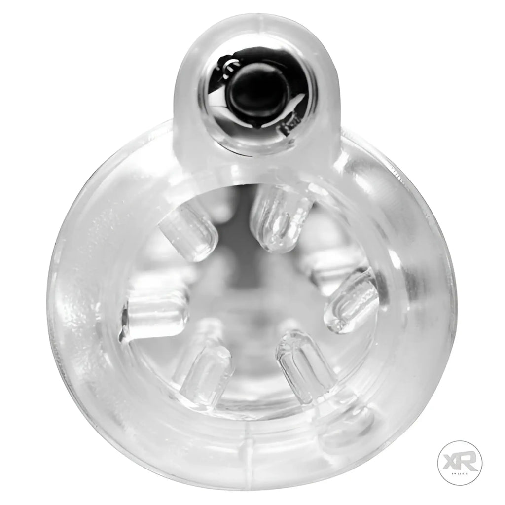 Tom of Finland Head to Head clear silicone vibrating sleeve showing the interior with soft, textured nubs.
