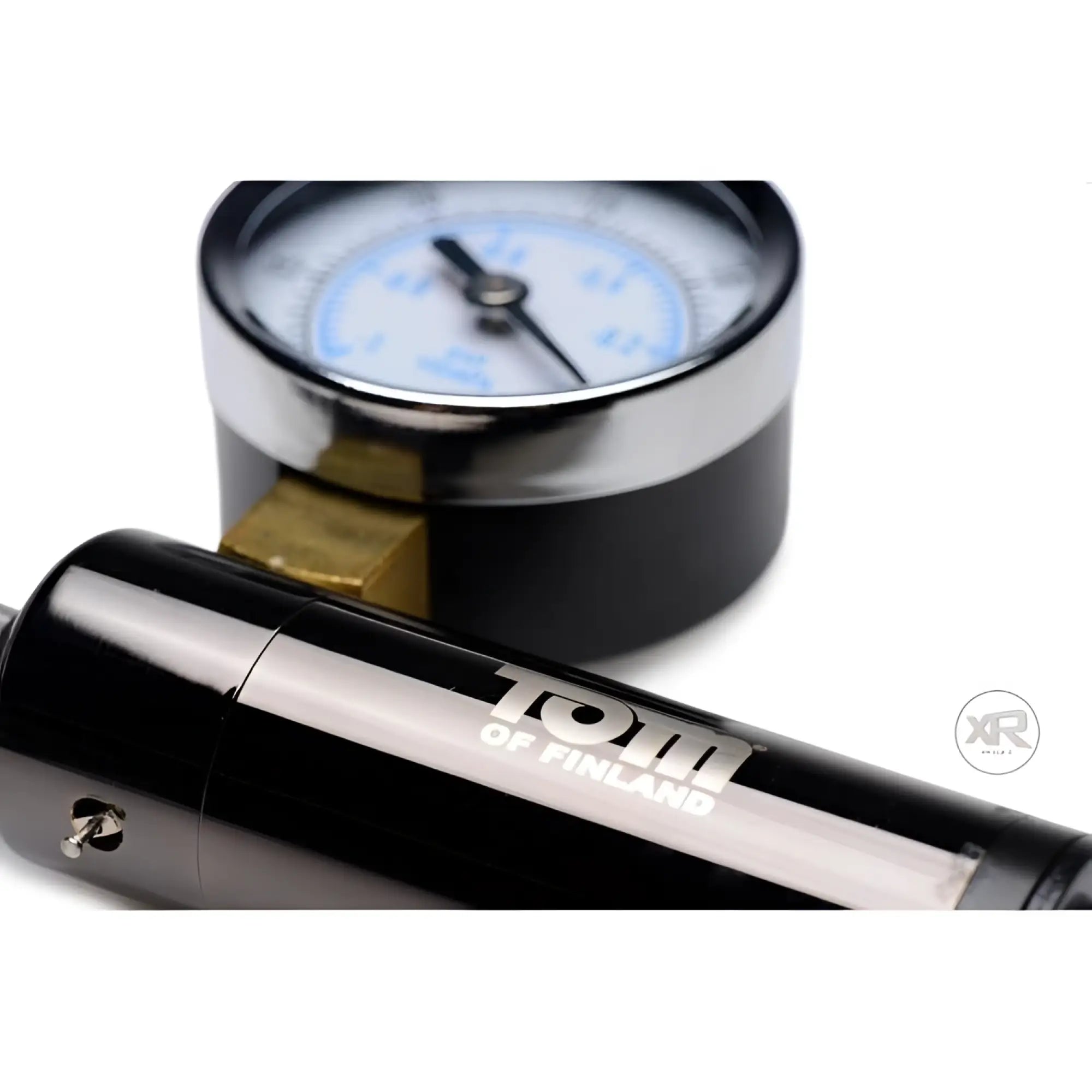 Tom of Finland Heavy Duty Cock Pump, featuring a glossy black tube with brand logo and a silver pressure gauge.