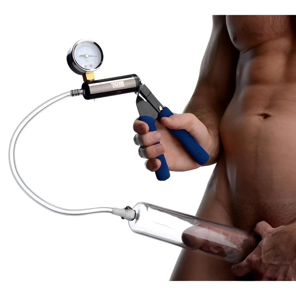 Tom of Finland Heavy Duty Cock Pump with a pressure gauge, clear tube, and blue-handled manual suction grip.