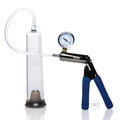 Tom of Finland Heavy Duty Cock Pump with a clear cylinder, pressure gauge, and a black handle with blue grips.