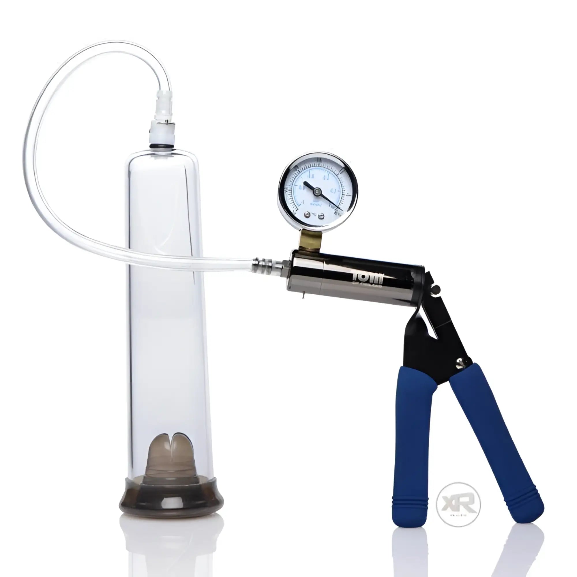 Tom of Finland Heavy Duty Cock Pump with a clear cylinder, pressure gauge, and a black handle with blue grips.