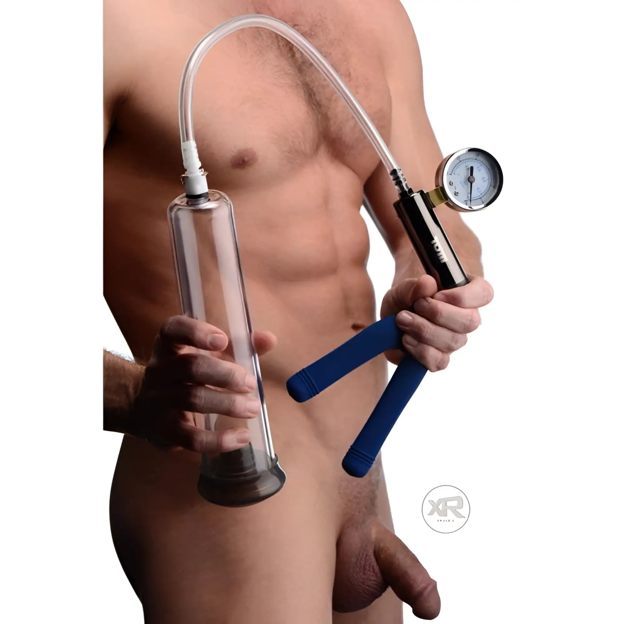 Tom of Finland Heavy Duty Cock Pump: clear cylinder, black handle, blue grip, and pressure gauge held by a shirtless man.