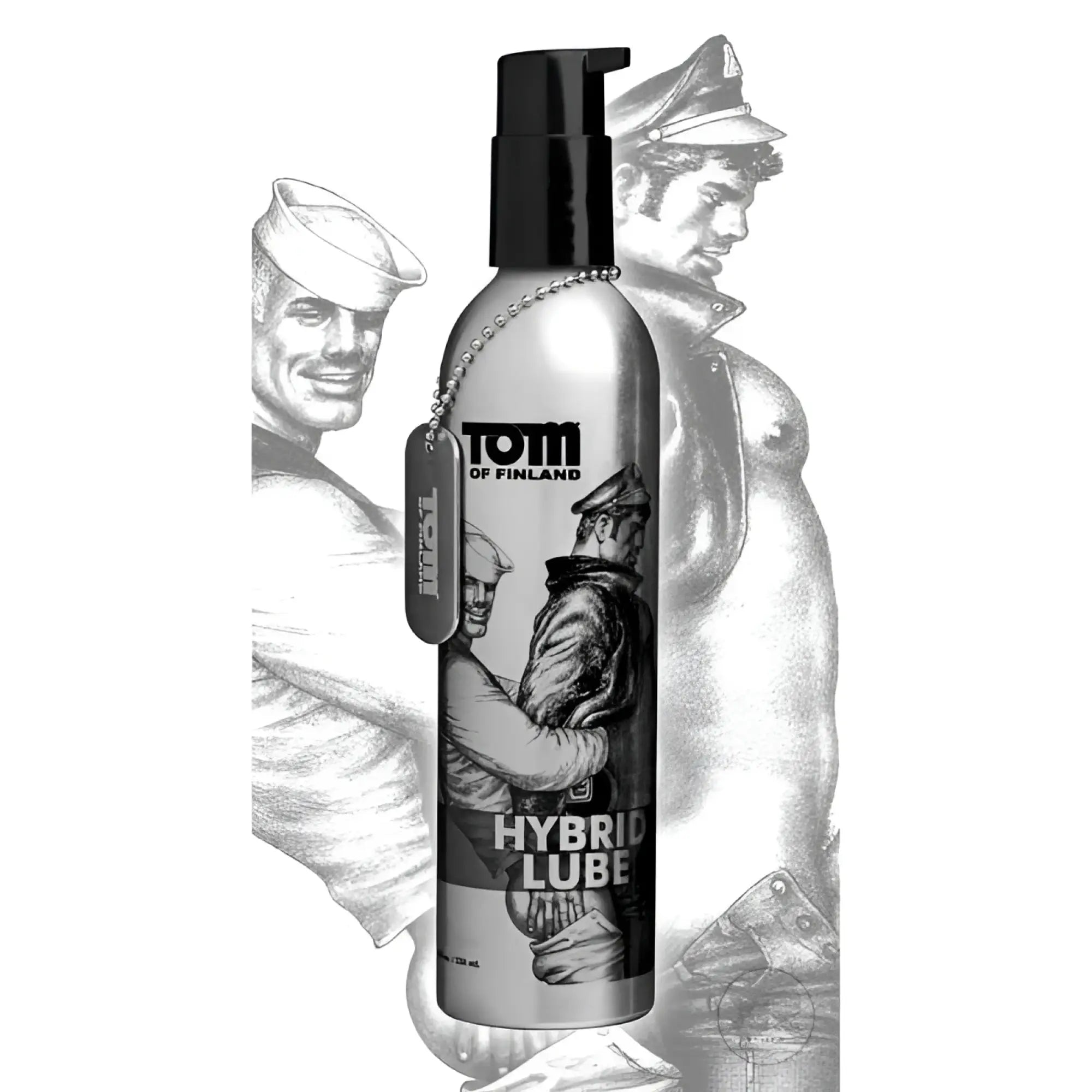 Tom of Finland Hybrid Lube in a silver pump bottle with a dog tag, featuring black-and-white illustrated artwork.