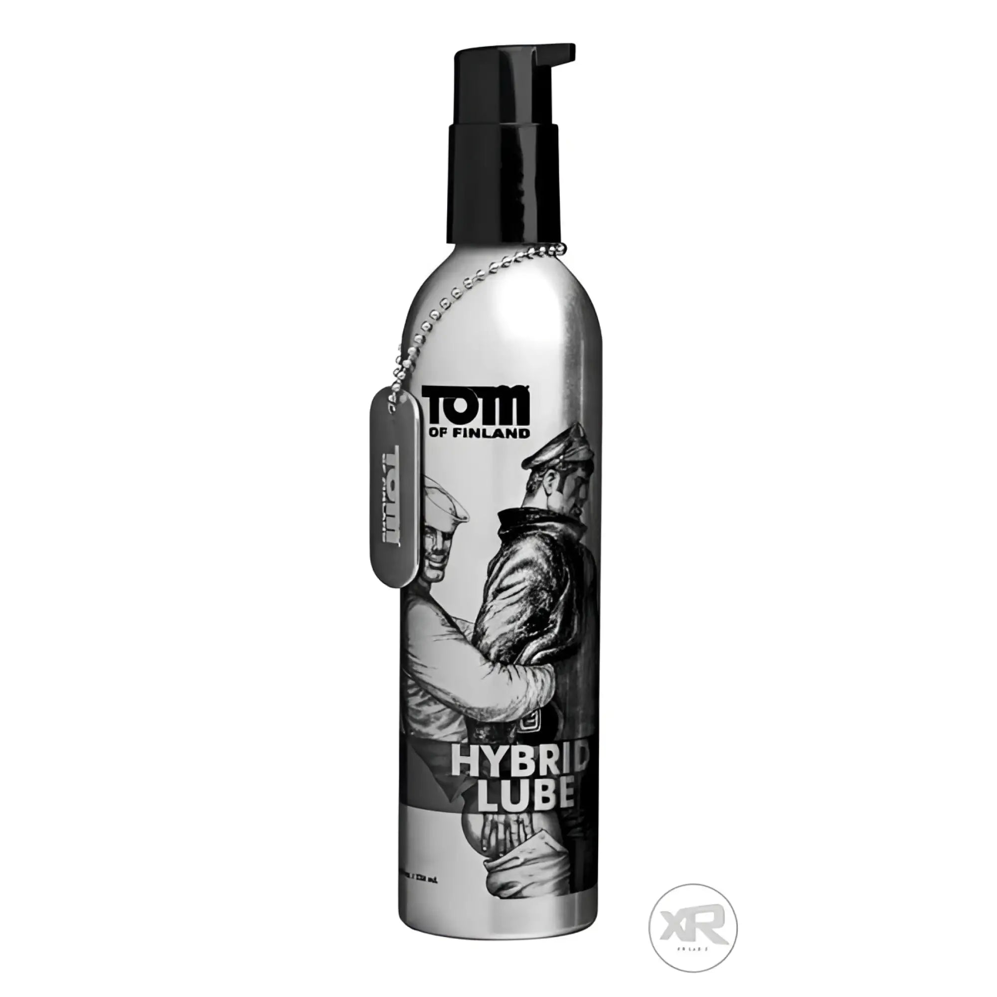 Tom of Finland Hybrid Lube in a silver pump bottle with black art and an attached metal dog tag.