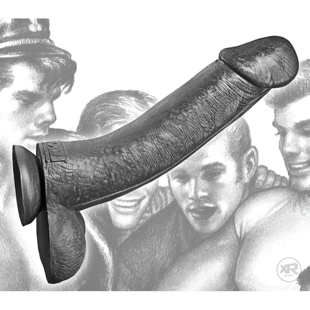 Tom of Finland 12-inch Kake Cock silicone dildo in black with realistic skin texture and a suction cup base.