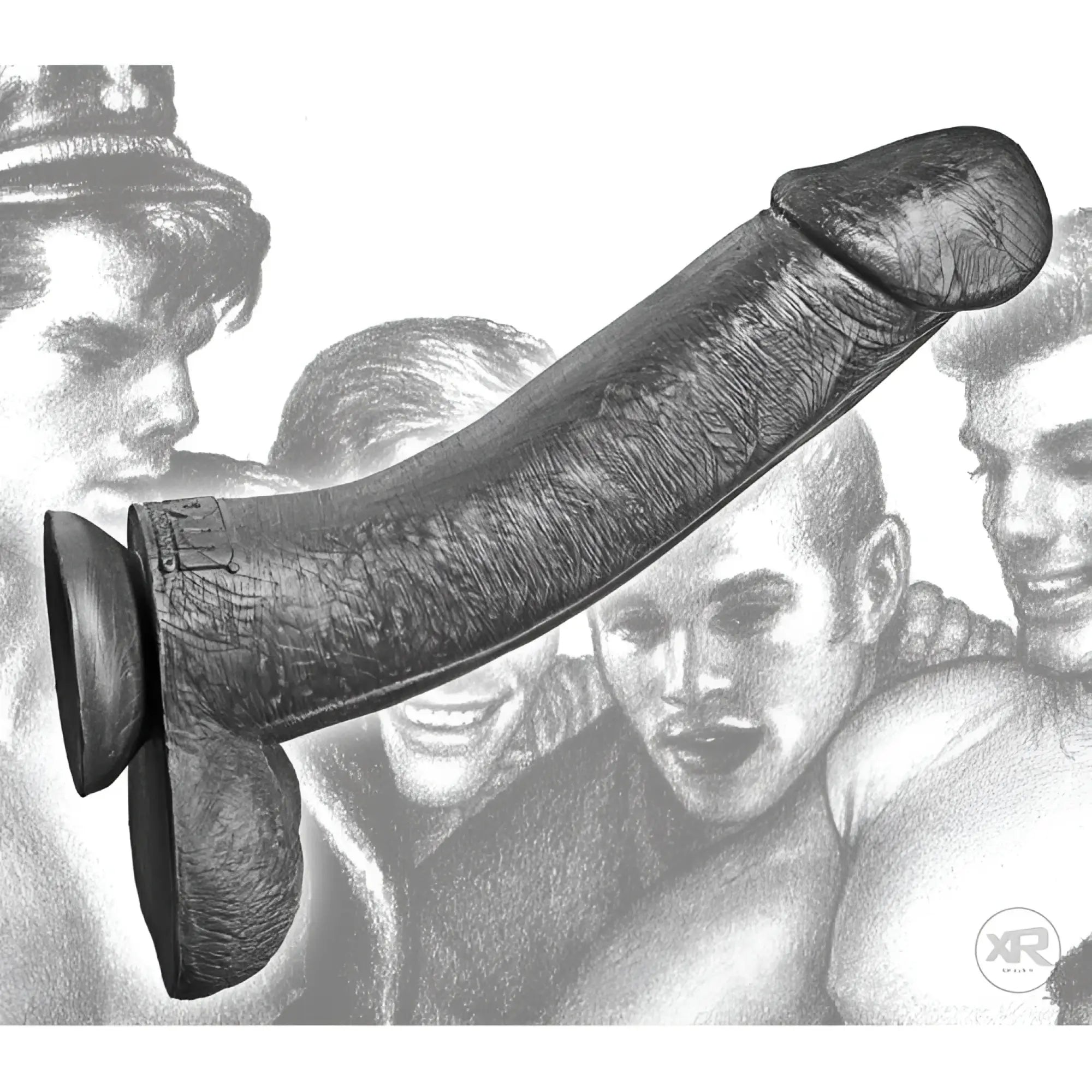 Tom of Finland 12-inch Kake Cock silicone dildo in black with realistic skin texture and a suction cup base.