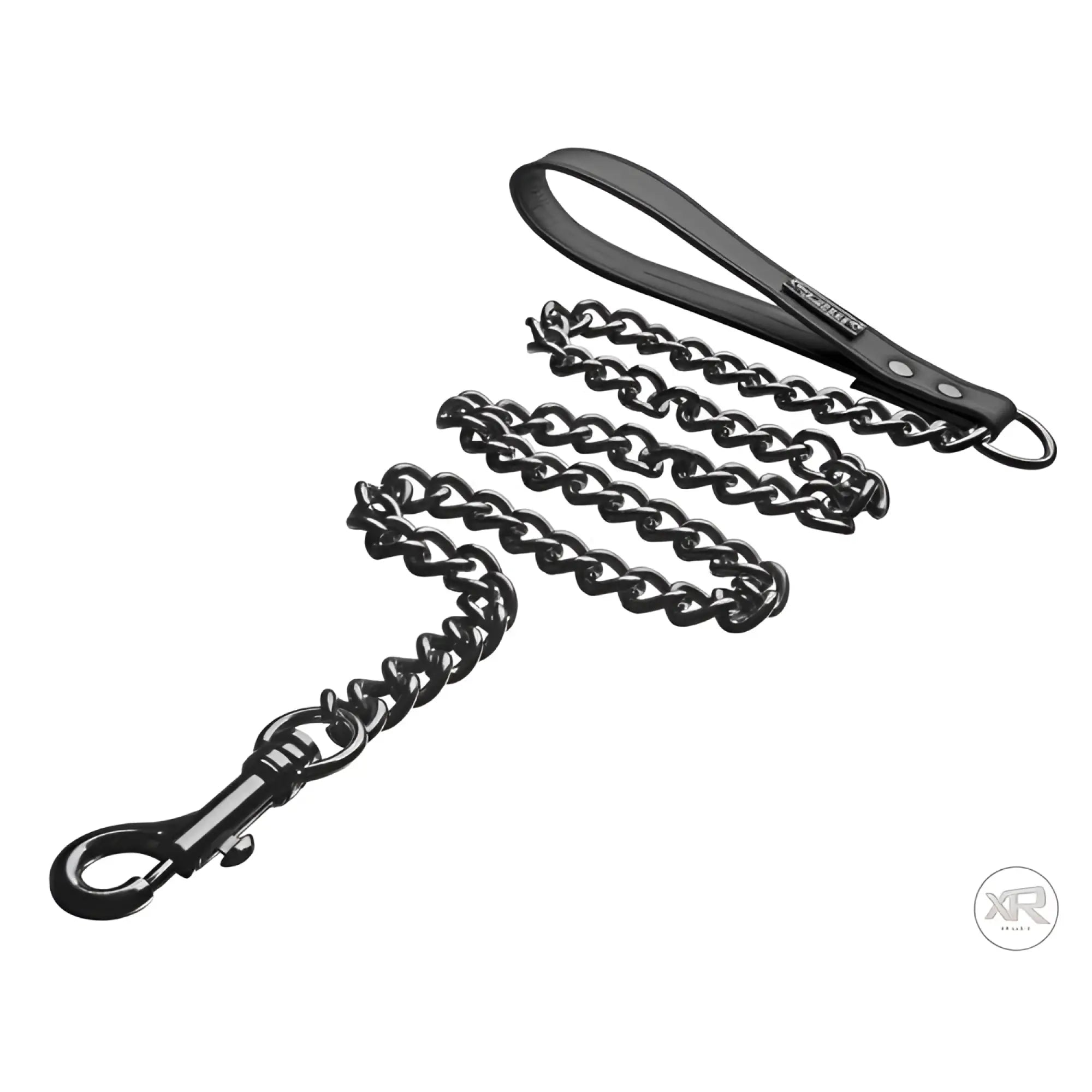 Tom of Finland leash featuring a sleek black metal chain, a black leather handle, and a matching swivel bolt snap hook.