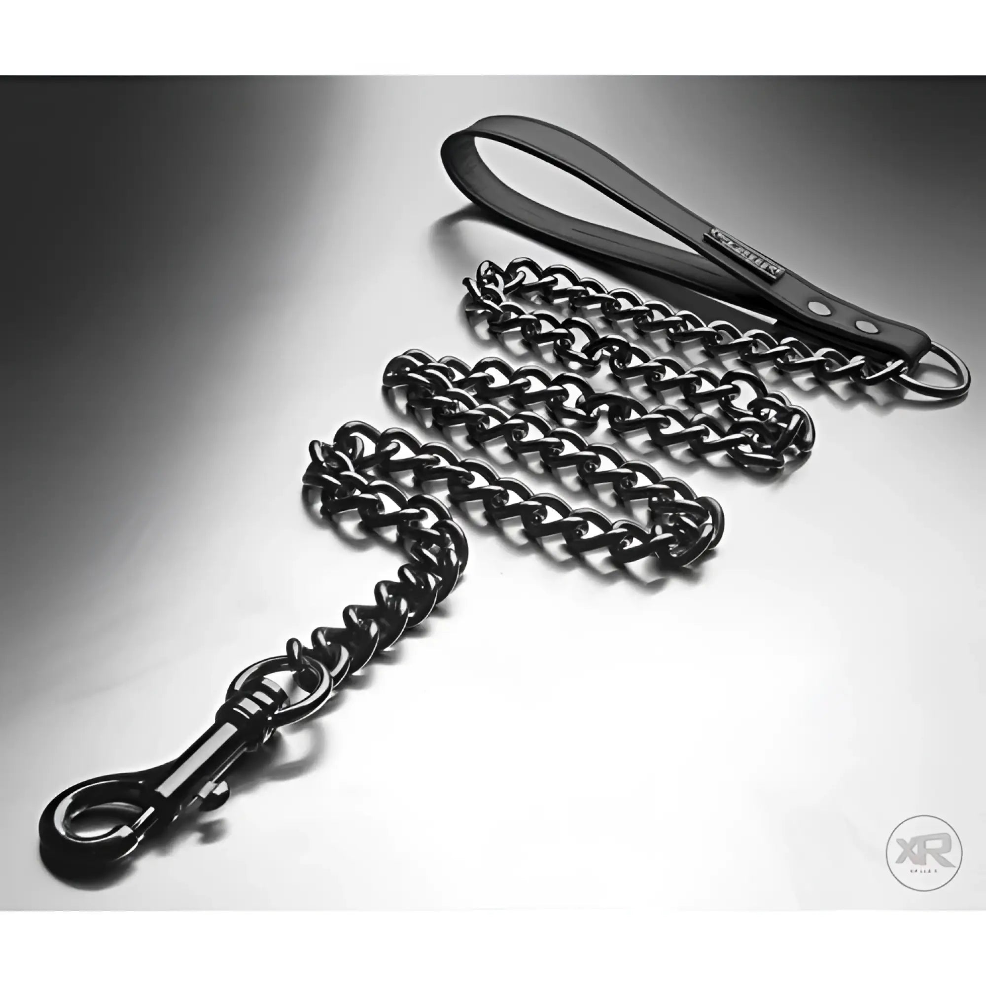 Tom of Finland leash featuring a black metal chain, a leather loop handle with branding, and a secure snap hook.