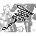 Tom of Finland leash with a black leather handle and a heavy-duty black metal chain with a swivel snap hook.