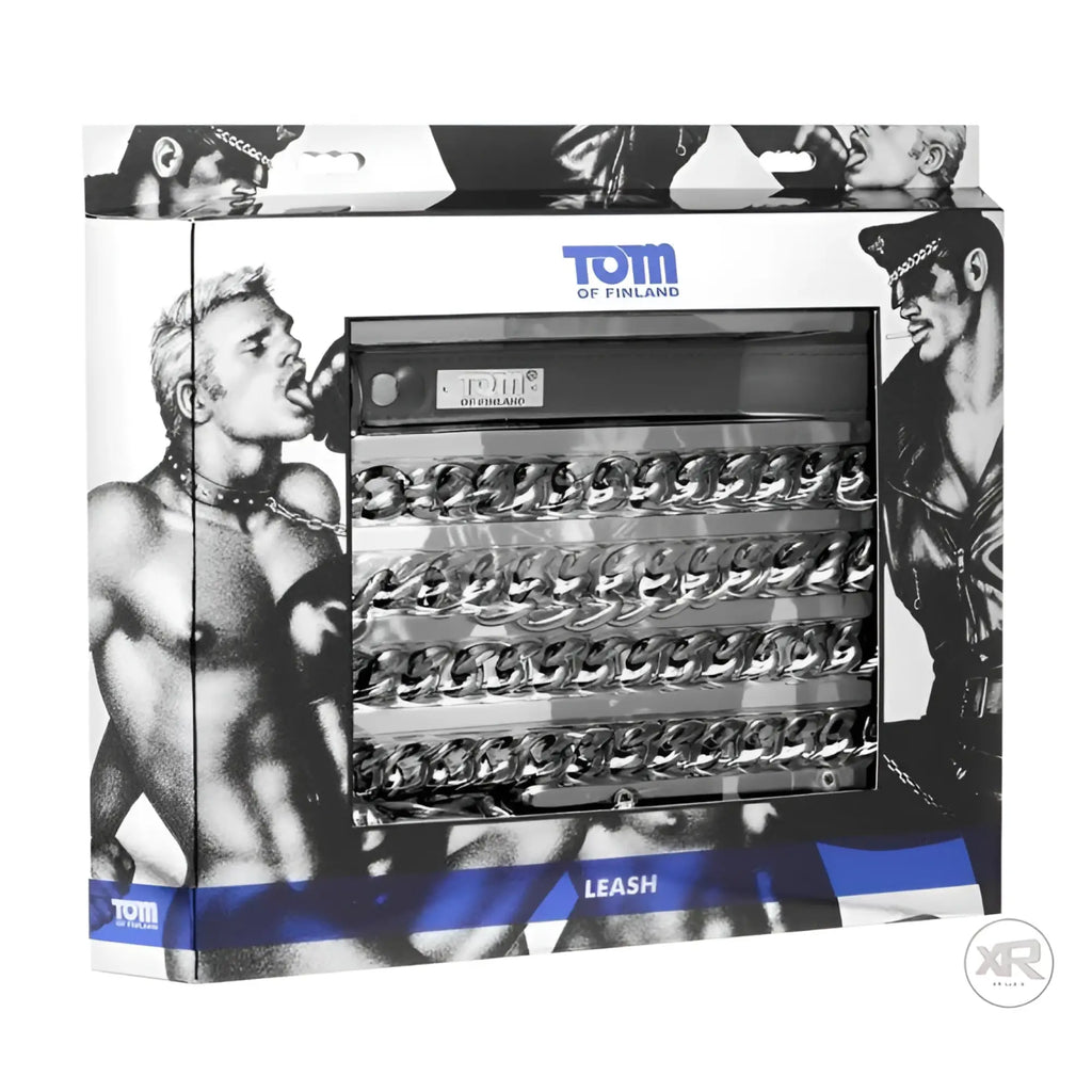 Tom of Finland leash in a branded box featuring iconic black-and-white erotica art and a silver metallic chain leash.