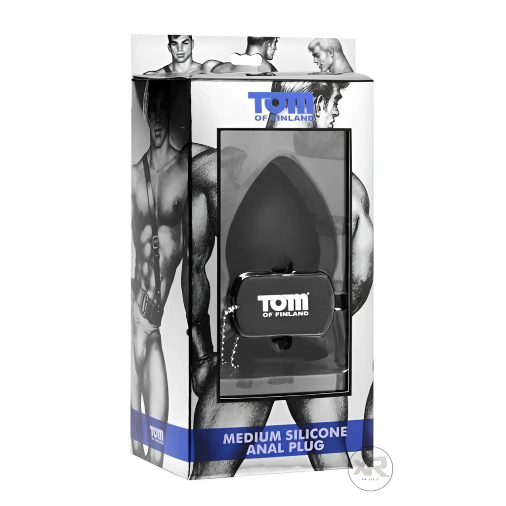 Tom of Finland medium black silicone anal plug in branded packaging with artistic illustrations of men.