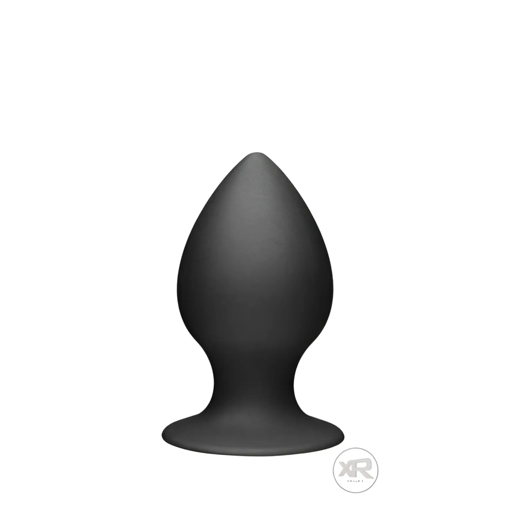 Tom of Finland medium silicone anal plug, a smooth, matte black tapered plug with a wide circular base on white.