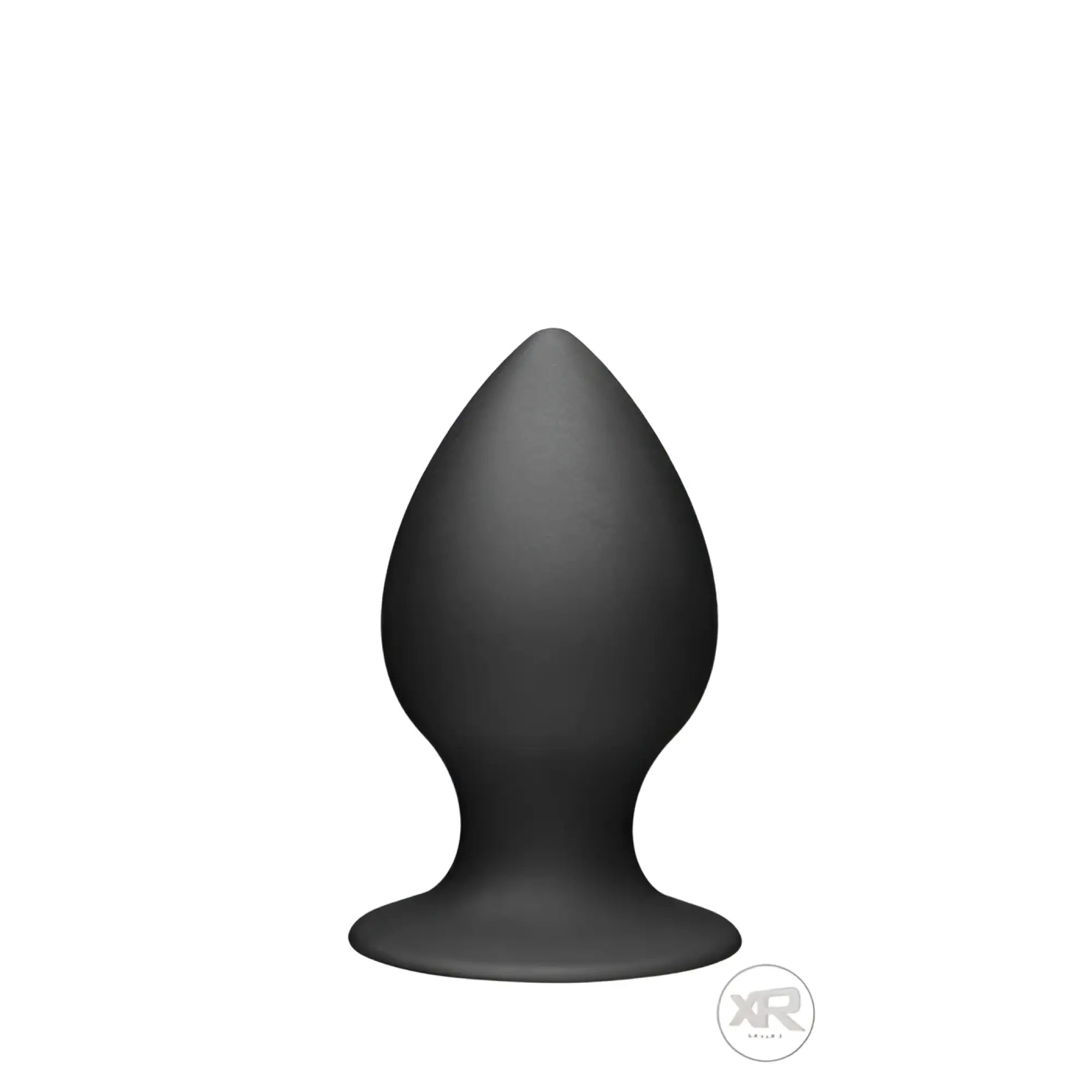 Tom of Finland medium silicone anal plug, a smooth, matte black tapered plug with a wide circular base on white.