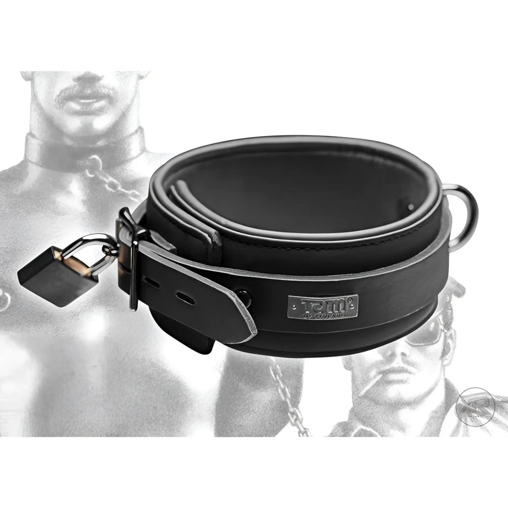 Tom of Finland black neoprene collar with a metal buckle, side padlock, and silver logo plate against a sketch backdrop.